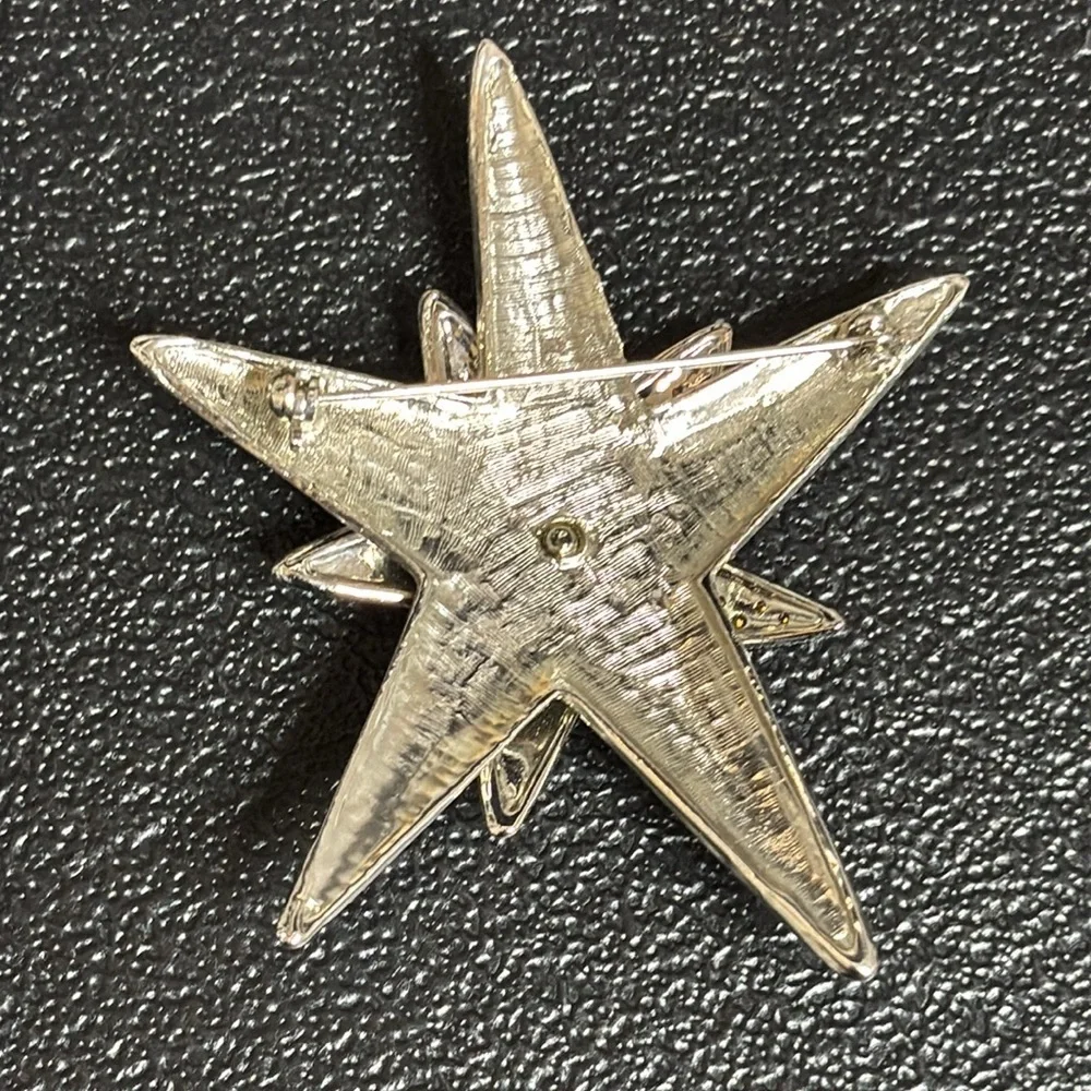 Brushed Silver Double Crystal Star Brooch Statement Rhinestone